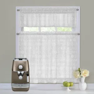 3 Piece Script White Rod Pocket Cafe Curtains