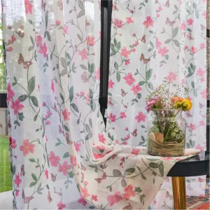 Digital Printed, Linen textured Sheer Curtain for Living Room , Curtain for Window/Door, Pack of 2 Curtains, Floral Pink