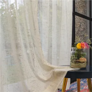 Linen Textured Metallic Gold Foil Sheer Curtains, Pack of 2 Curtains - Sparkle - Butter Cream