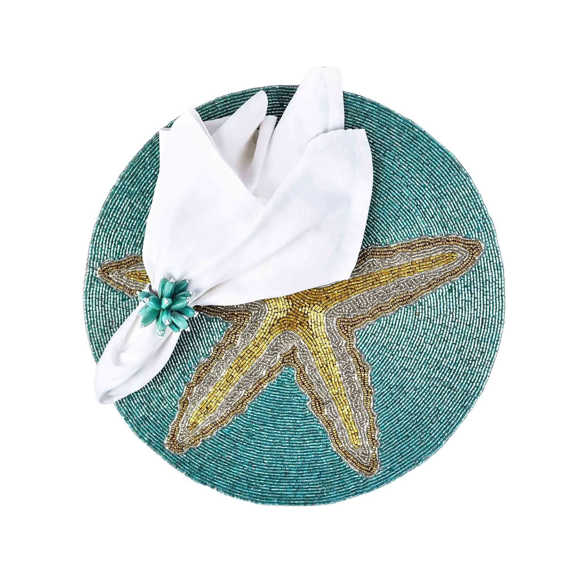 Ringo Starfish Beaded Placemat in Teal & Gold, Set of 2