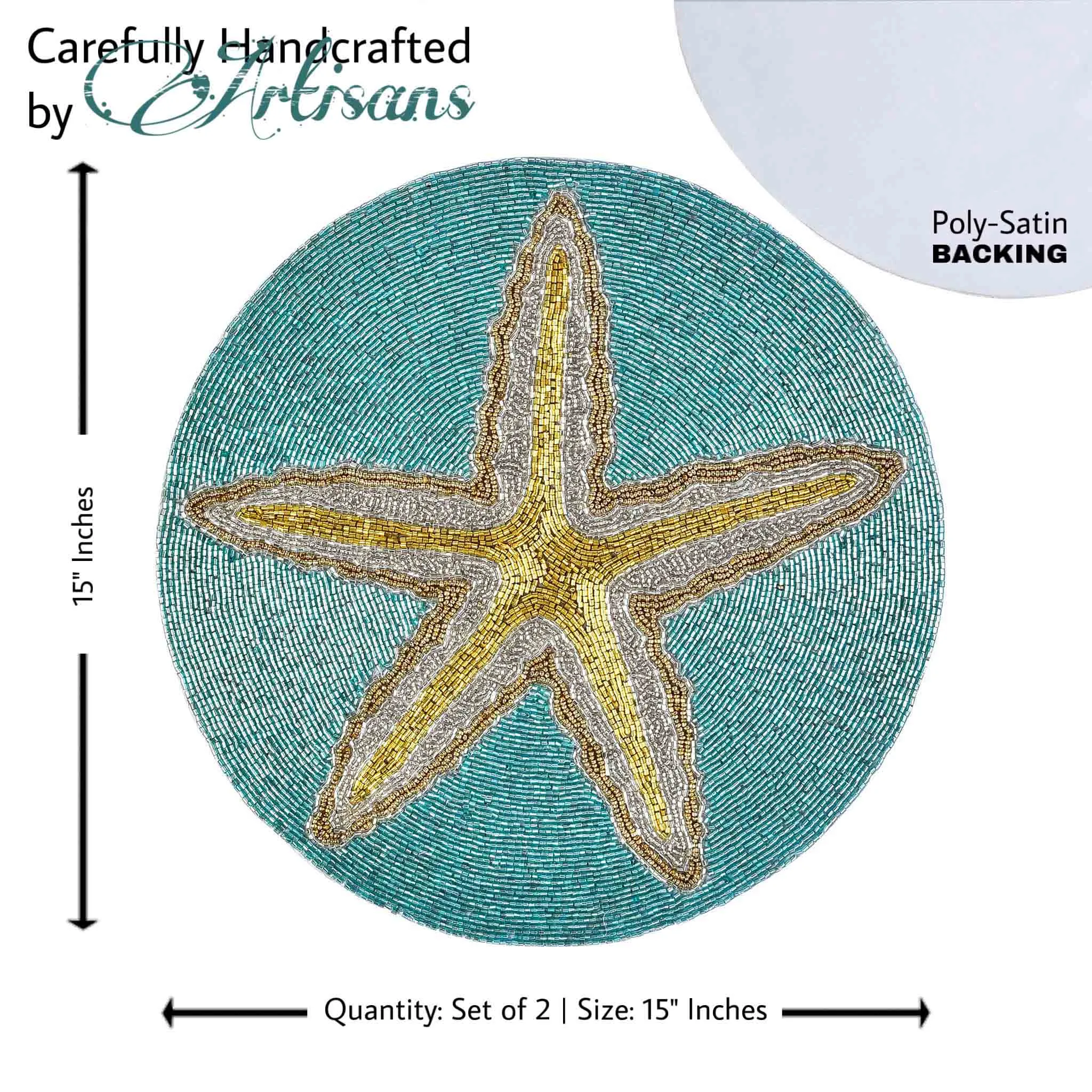 Ringo Starfish Beaded Placemat in Teal & Gold, Set of 2