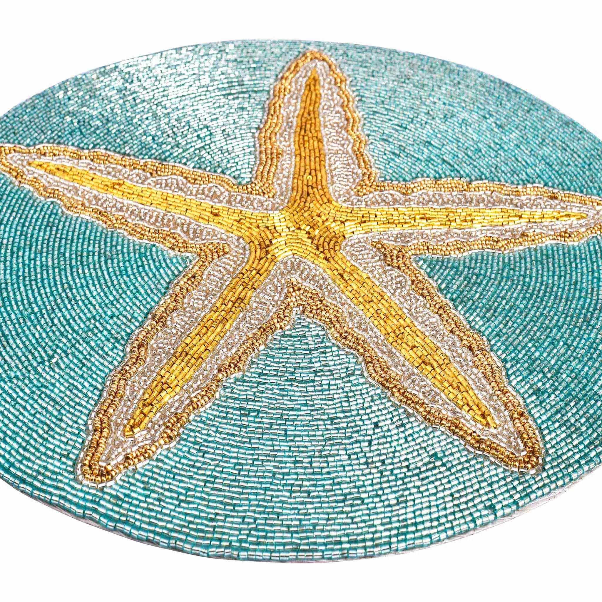 Ringo Starfish Beaded Placemat in Teal & Gold, Set of 2