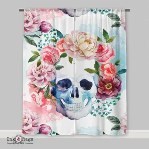 Springtime Watercolor Flower Skull Curtains