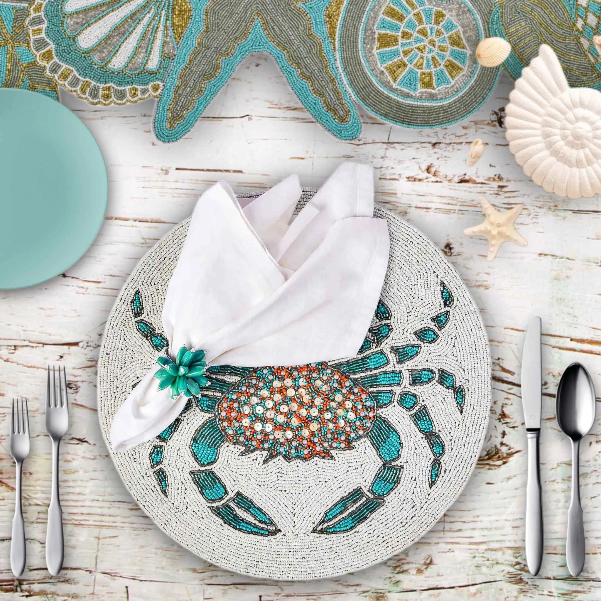 Stay Salty Beaded Placemat in Cream & Teal, Set of 2