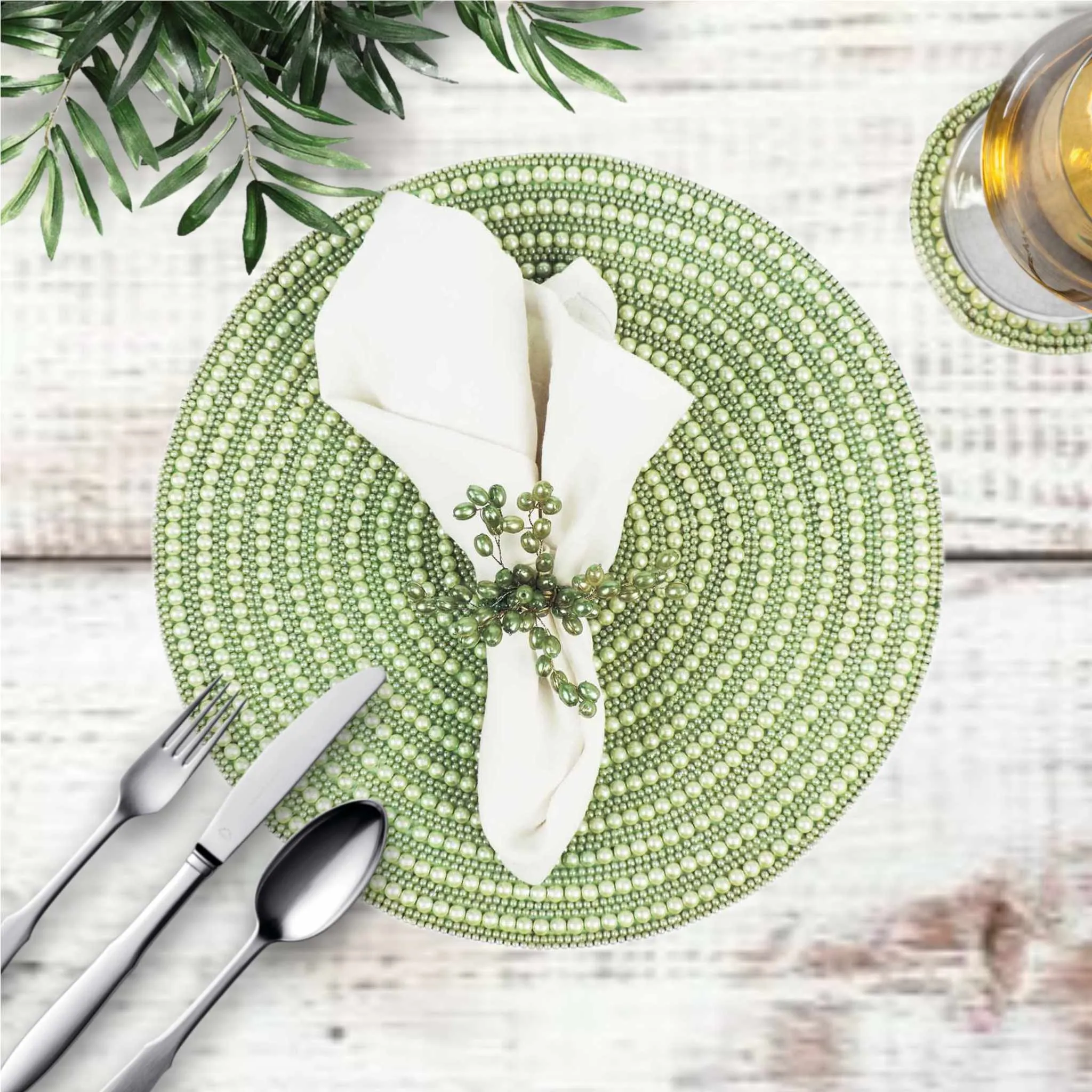 Whirl Bead Embroidered Placemat in Light Green, Set of 2